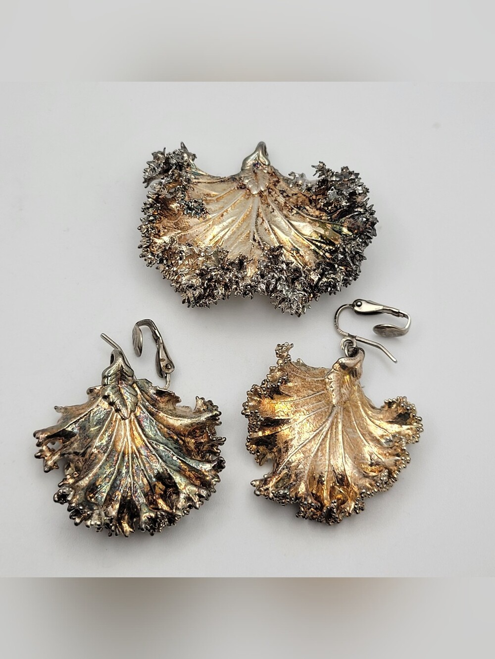 Artisan Electroformed Silver Leaf Pendant Earring Set Real Leaf Cast Botanical